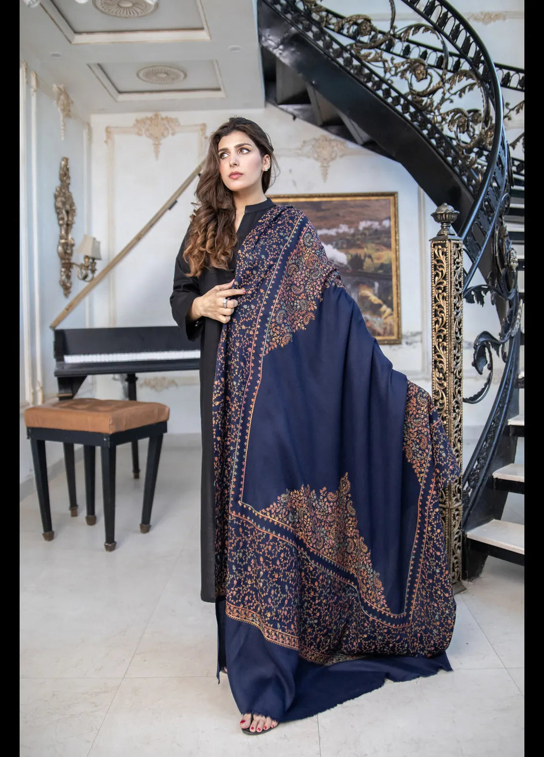 Naaz Couture Embroidered Shawl Navy Blue Pashmina Wool