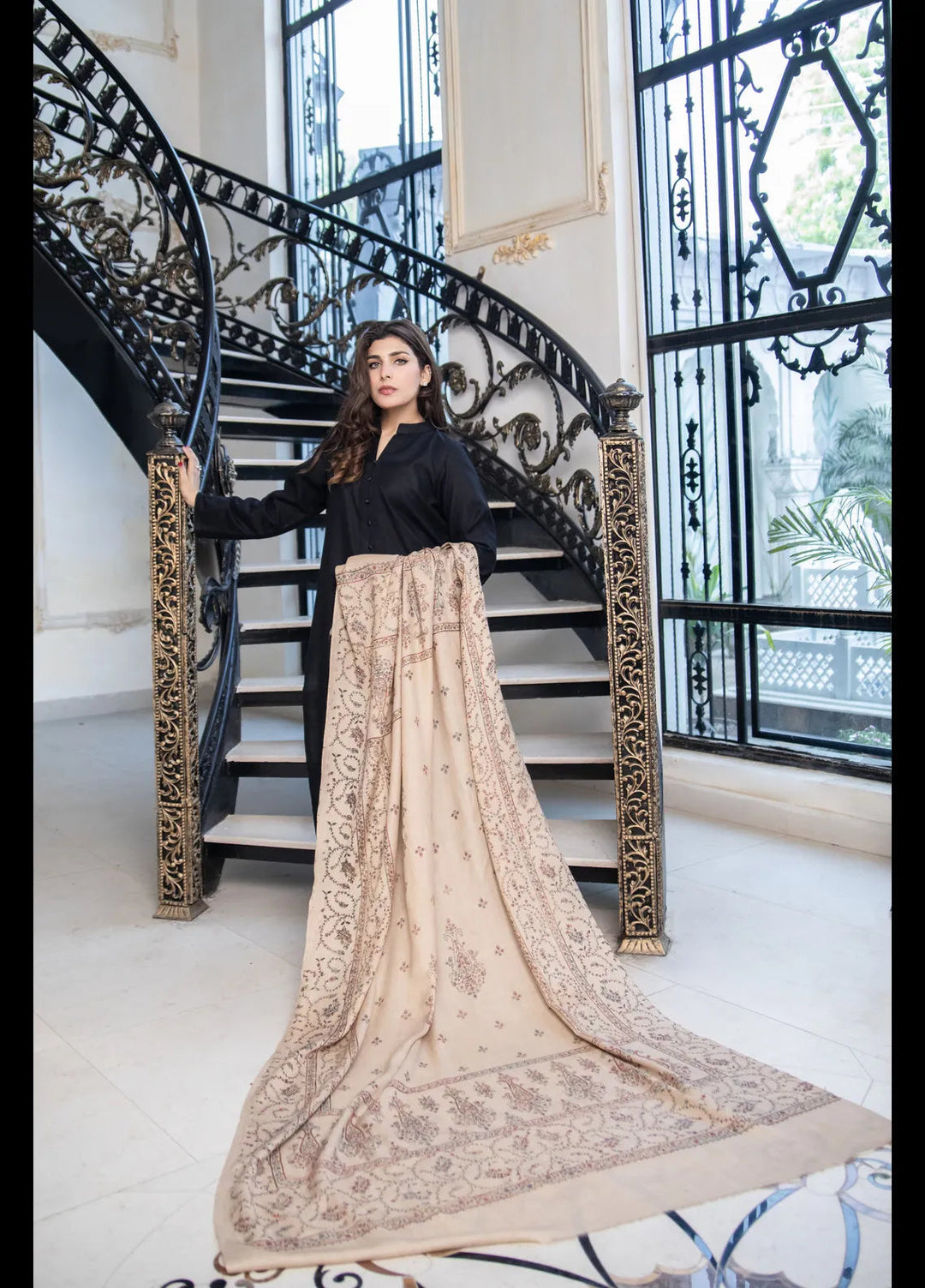 Naaz Couture Embroidered Wool Shawl Beige Pashmina