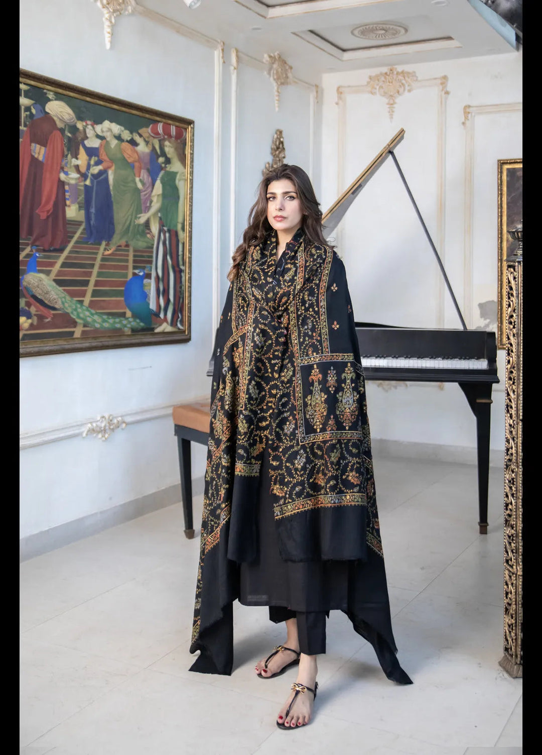 Naaz Couture Embroidered Wool Shawl Black Pashmina