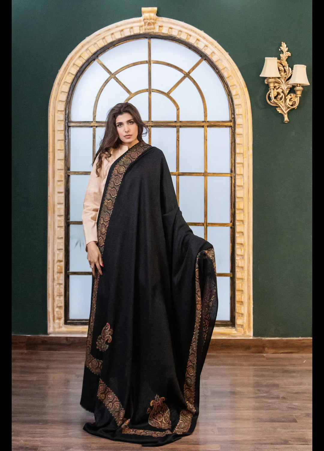 Naaz Couture Embroidered Wool Shawl Black