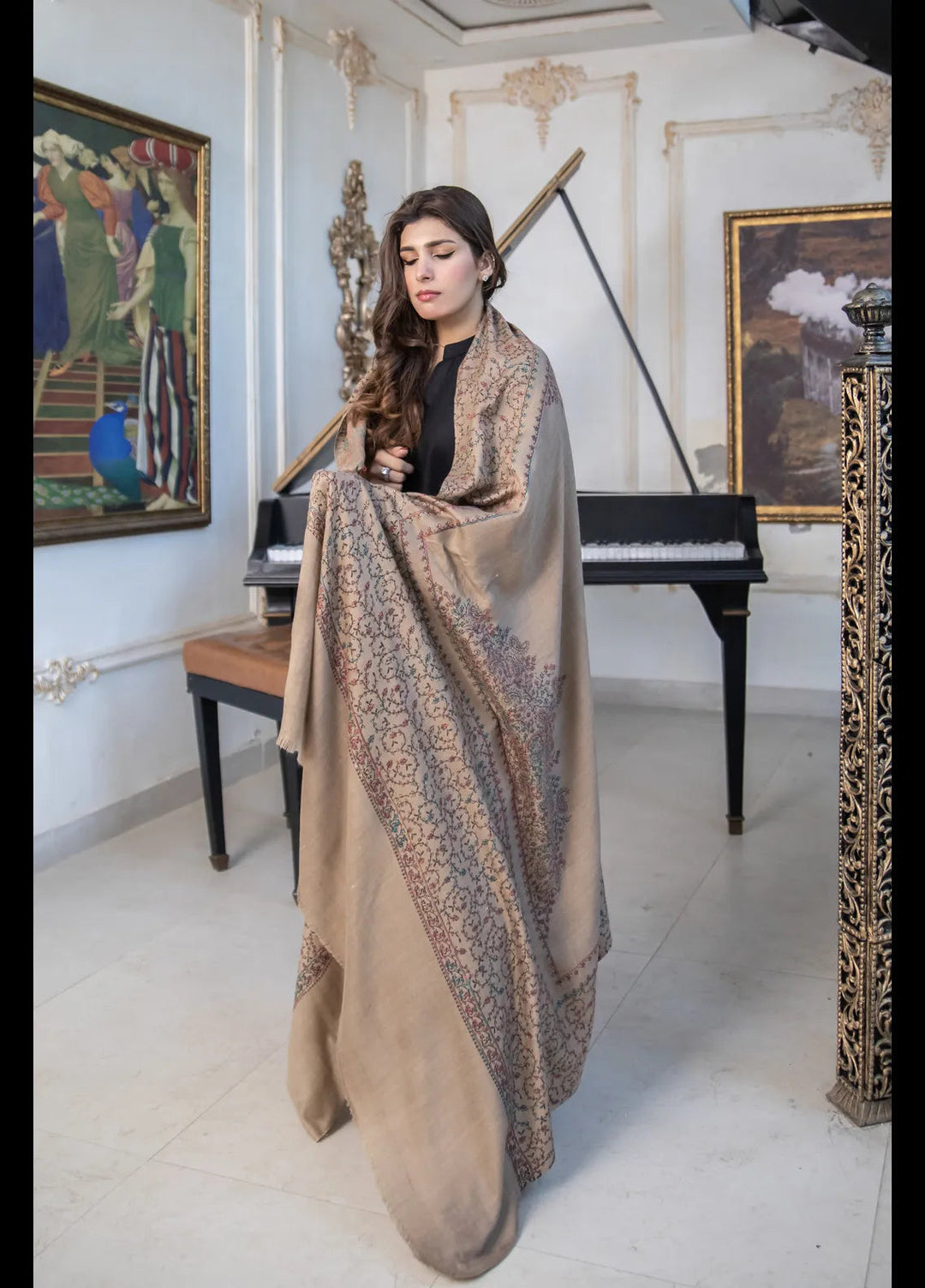 Naaz Couture Embroidered Wool Shawl Ivory Beige Pashmina