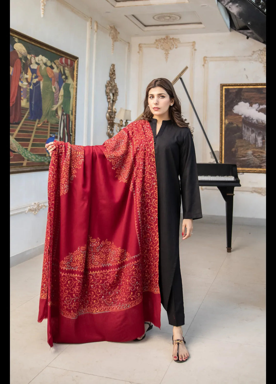 Naaz Couture Embroidered Wool Shawl Maroon Pashmina