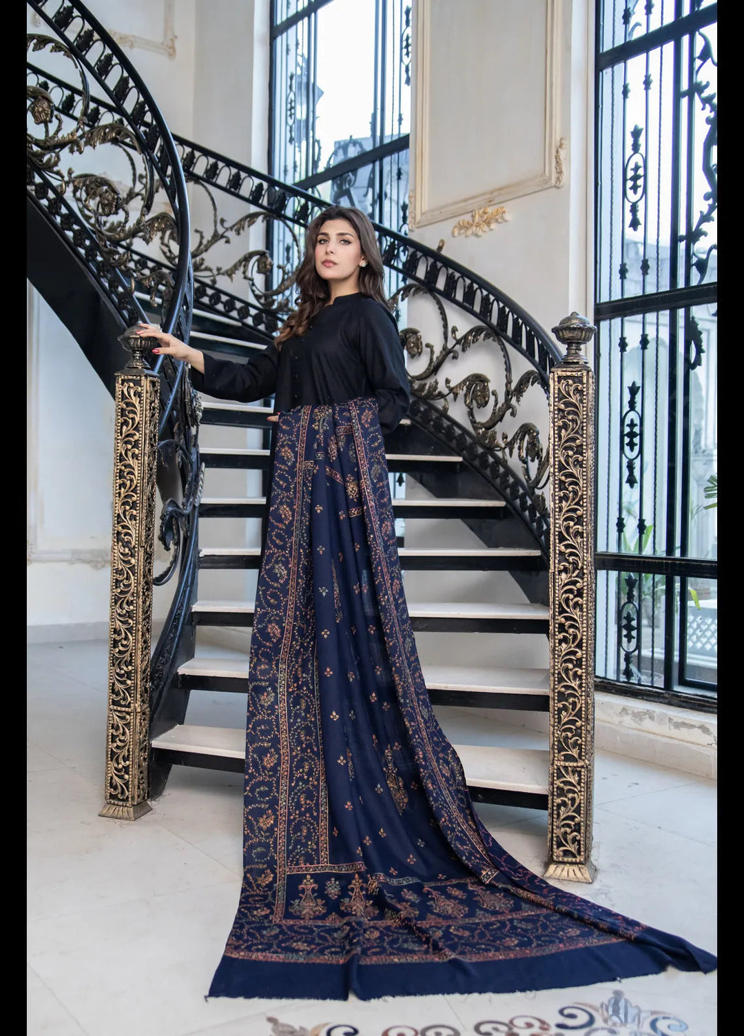 Naaz Couture Embroidered Wool Shawl Navy Blue Pashmina