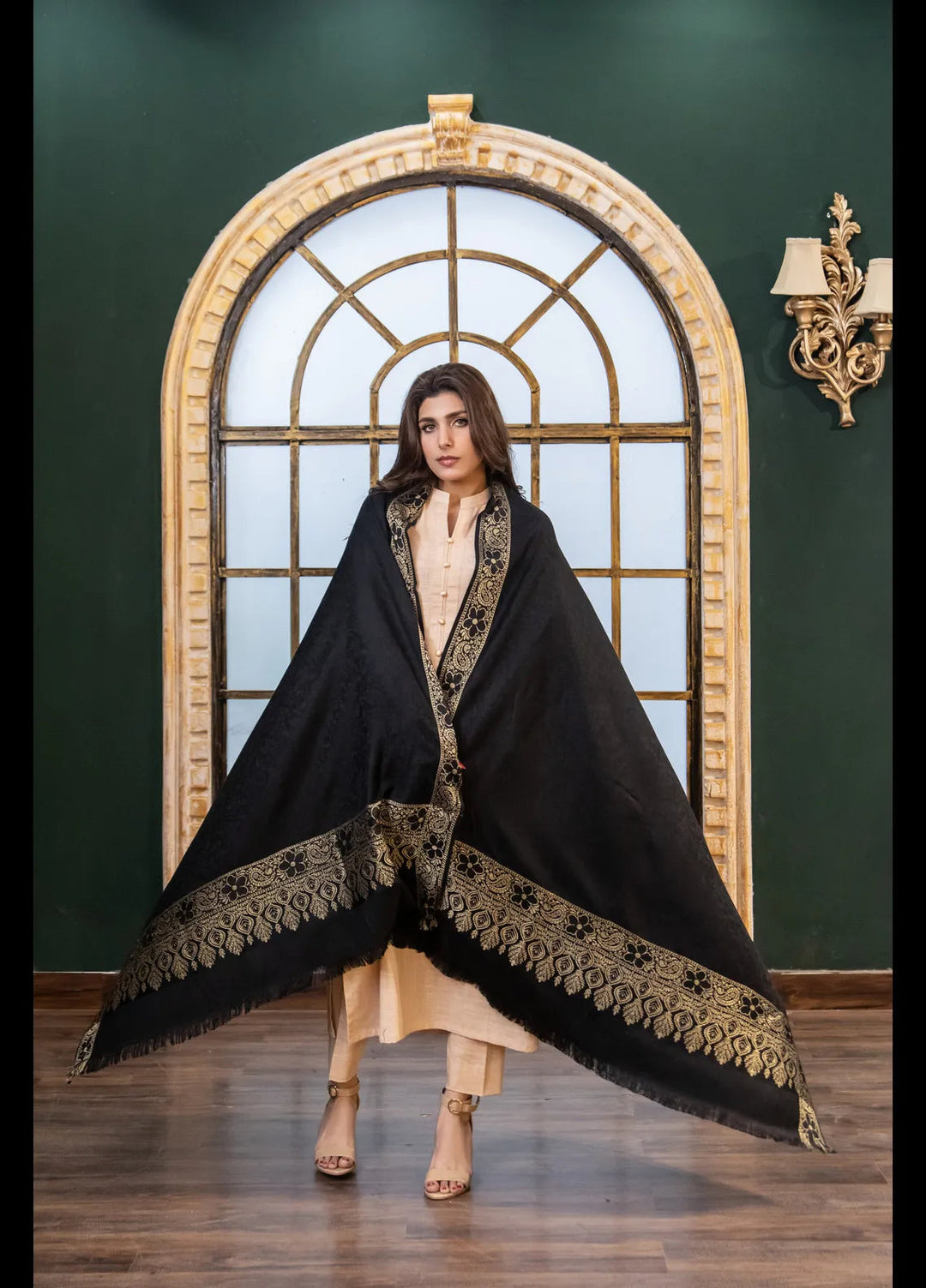 Naaz Couture Fancy Shawl Black Pashmina Wool Shawl with Tilla work