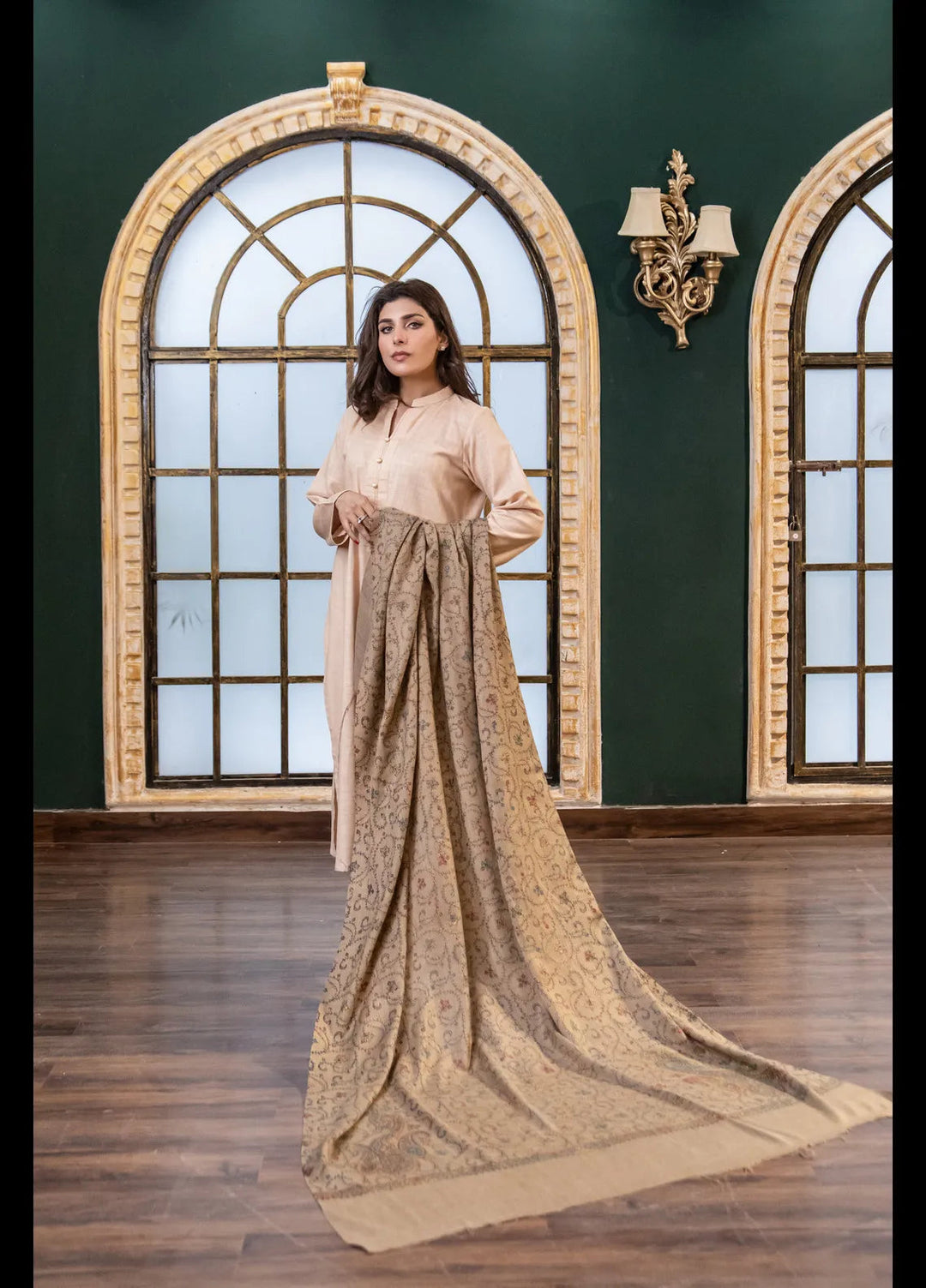 Naaz Couture Fancy Wool Shawl Beige Indian Needlework Pashmina