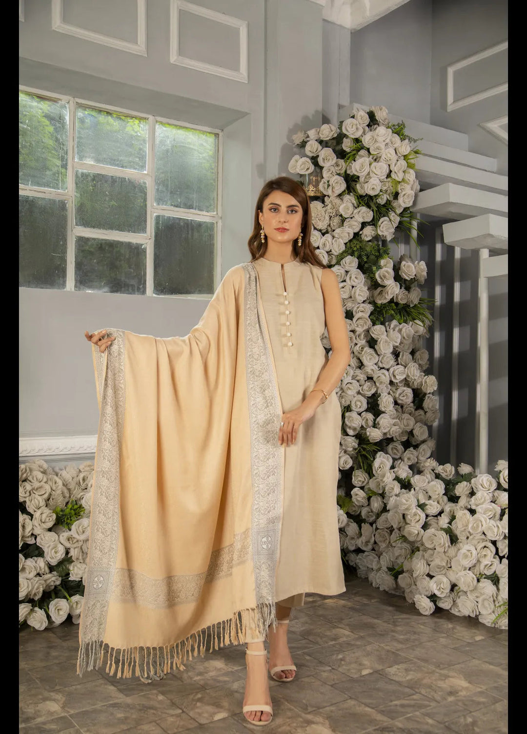Naaz Couture Fancy Wool Shawl Beige Jacquard