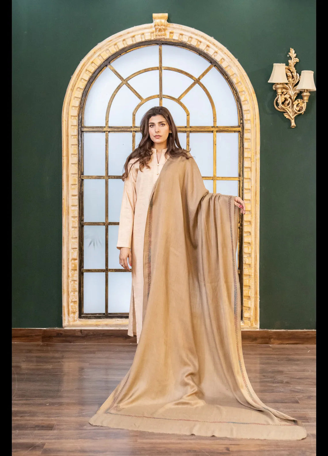 Naaz Couture Fancy Wool Shawl Beige Pashmina Handmade Kingri Shawl