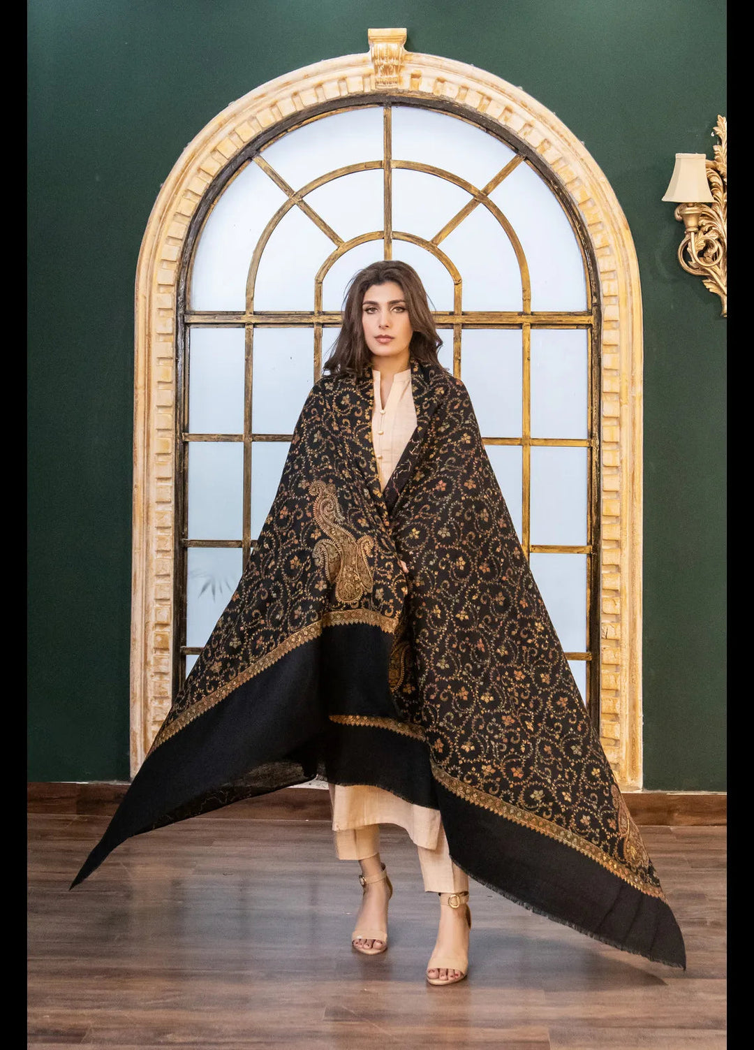 Naaz Couture Fancy Wool Shawl Black Indian Needlework
