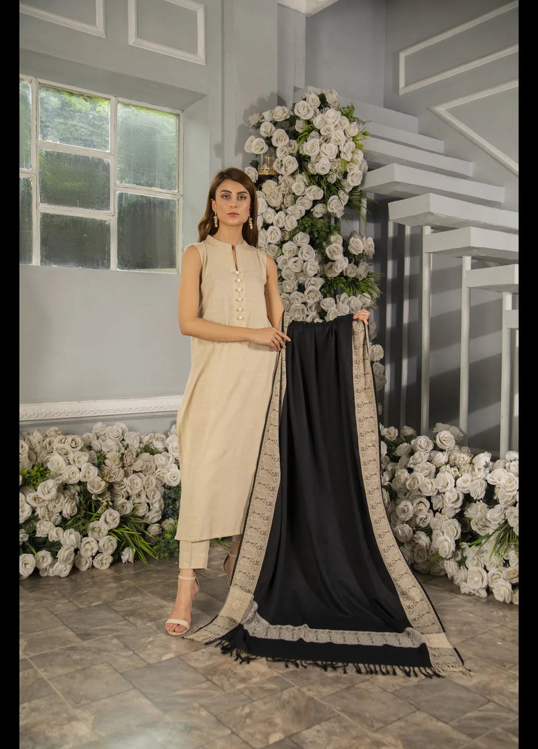 Naaz Couture Fancy Wool Shawl Black Jacquard