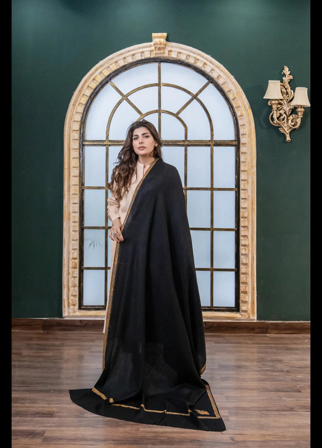 Naaz Couture Fancy Wool Shawl Black Pashmina Handmade Kingri Shawl