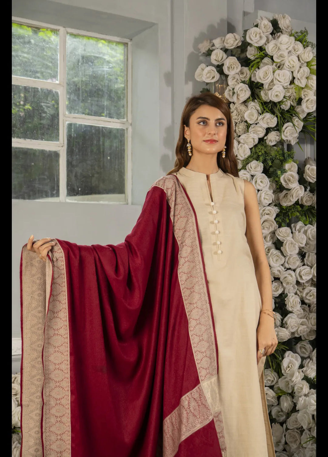 Naaz Couture Fancy Wool Shawl Maroon Jacquard