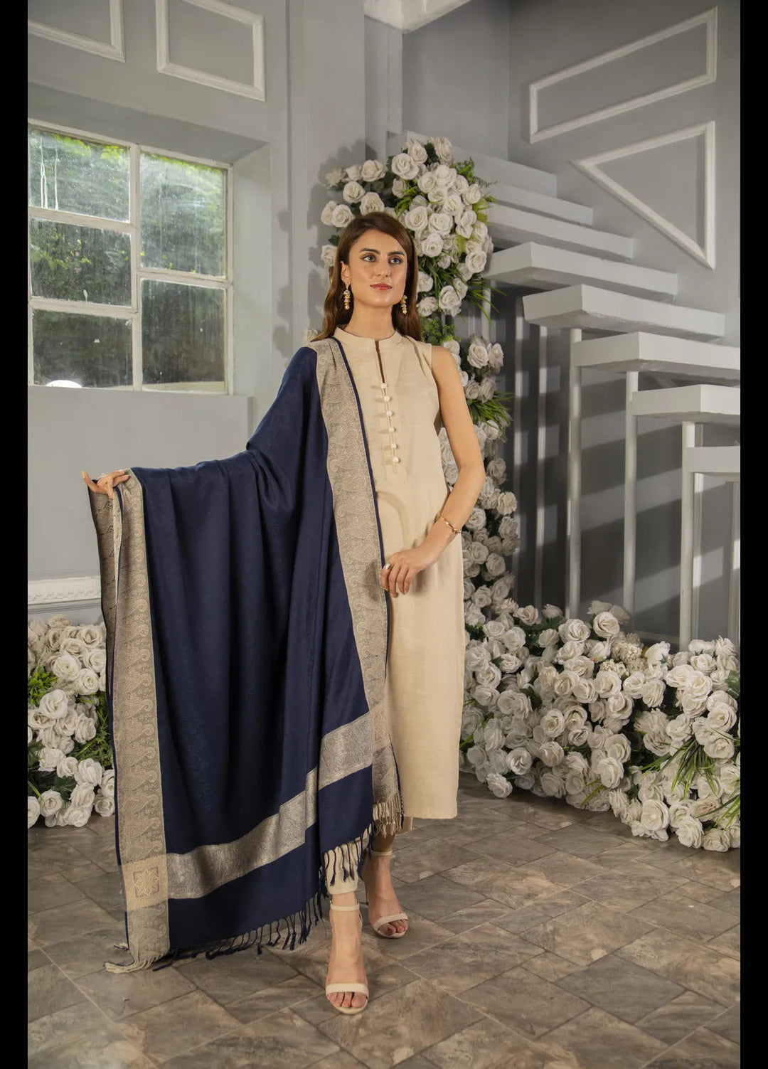 Naaz Couture Fancy Wool Shawl Navy Blue Jacquard