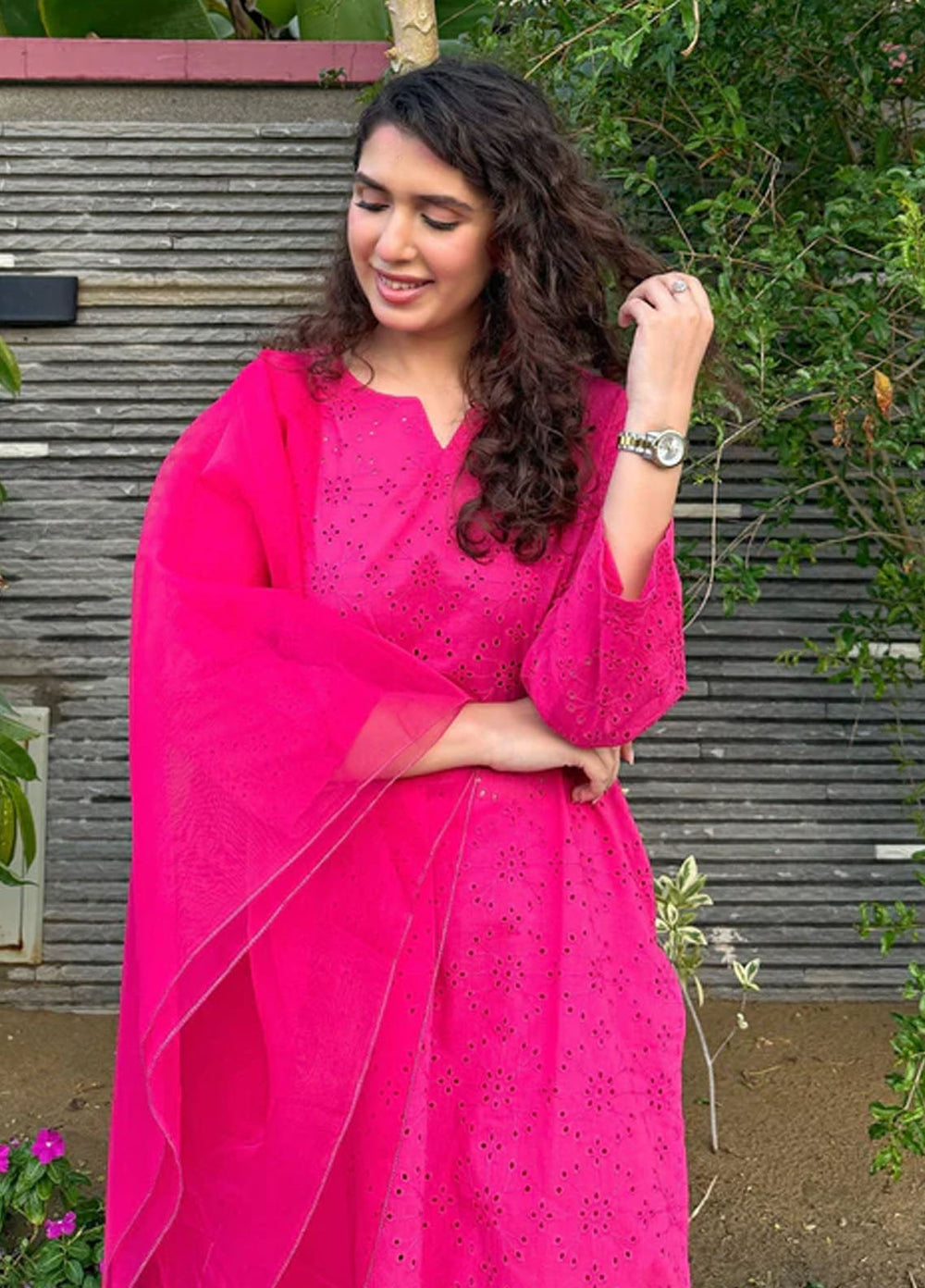Naaz Couture Pret Embroidered Lawn 3 Piece Suit Farshi Chikankari-Fuscia Pink