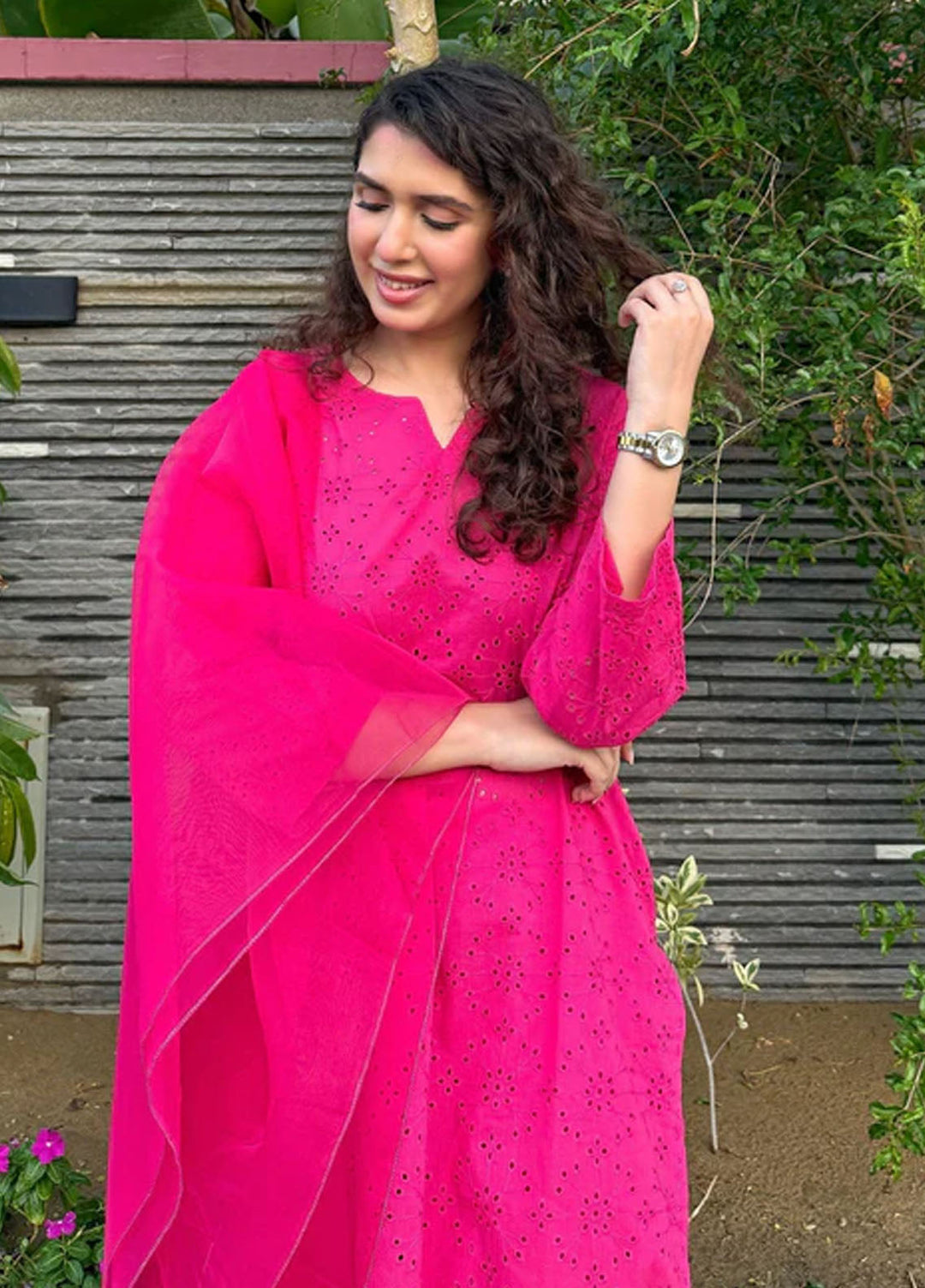 Naaz Couture Pret Embroidered Lawn 3 Piece Suit Farshi Chikankari-Fuscia Pink