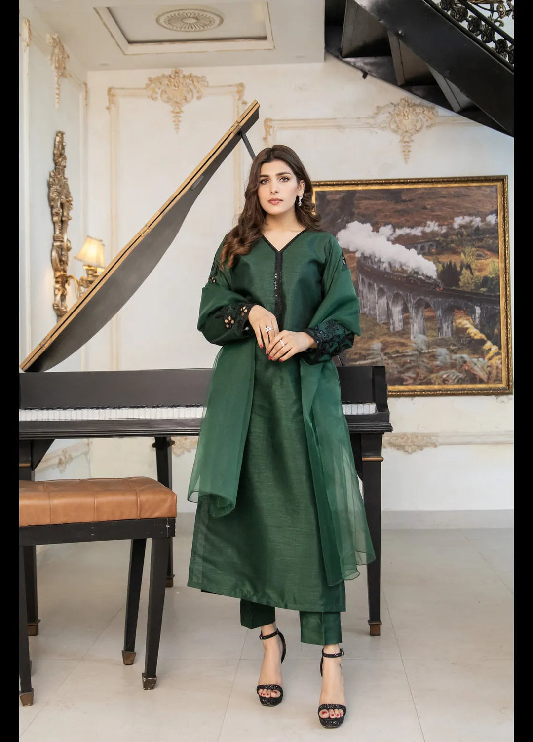 Naaz Couture Pret Embroidered Raw Silk 3 Piece Suit Bottle Green