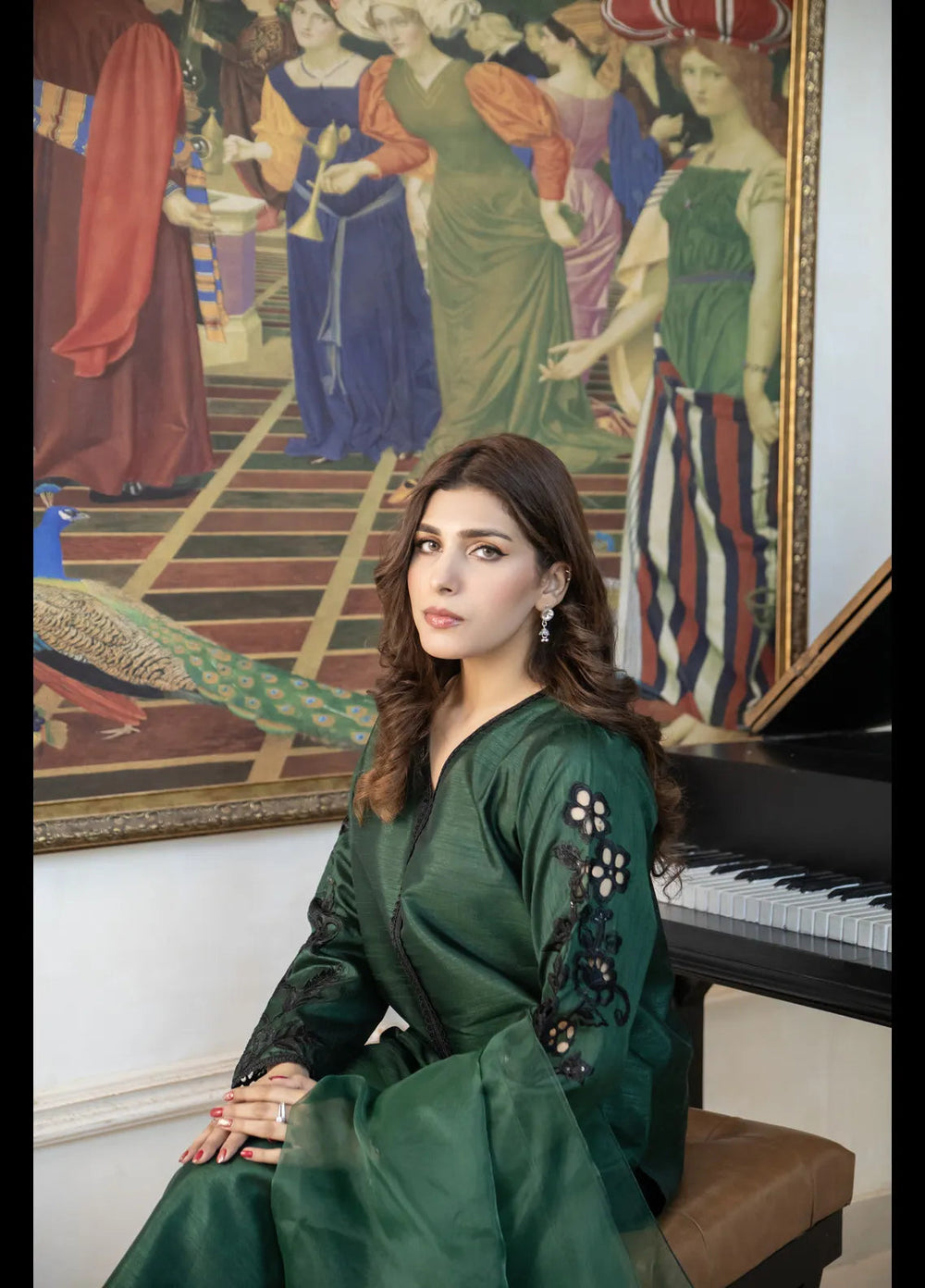 Naaz Couture Pret Embroidered Raw Silk 3 Piece Suit Bottle Green