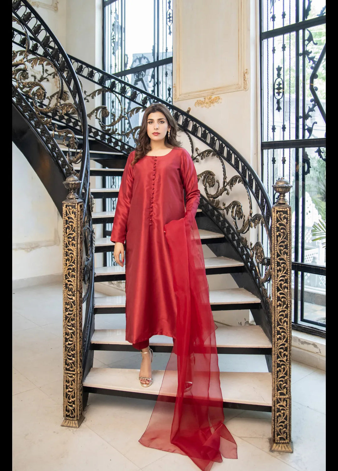 Naaz Couture Pret Embroidered Raw Silk 3 Piece Suit Crimson Maroon