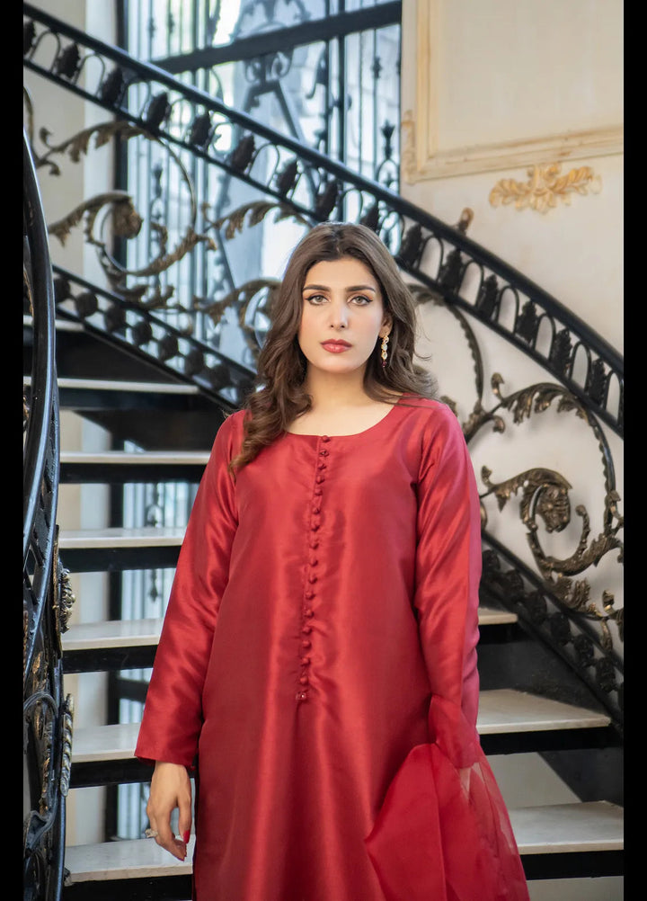 Naaz Couture Pret Embroidered Raw Silk 3 Piece Suit Crimson Maroon