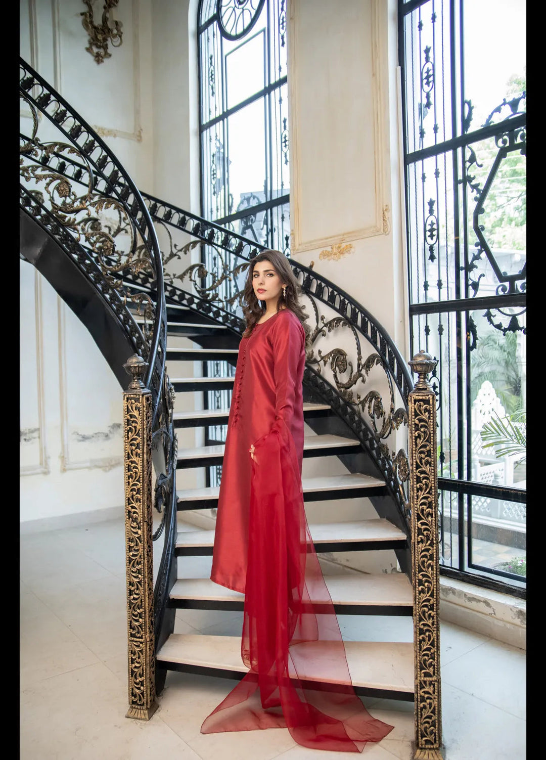 Naaz Couture Pret Embroidered Raw Silk 3 Piece Suit Crimson Maroon