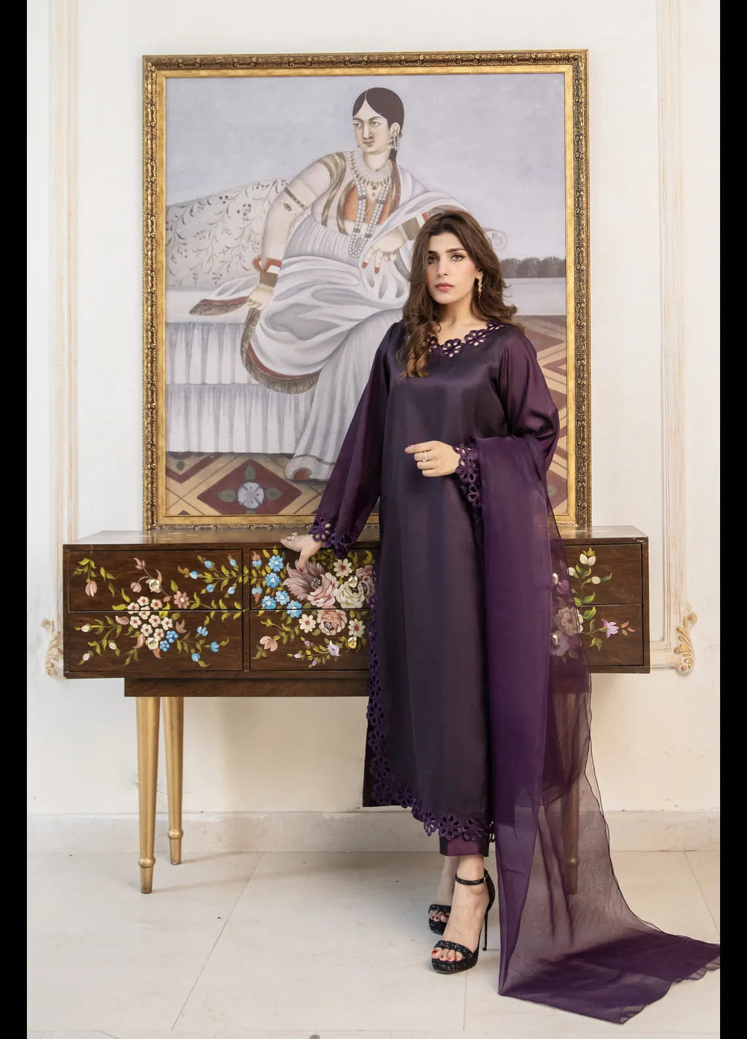 Naaz Couture Pret Embroidered Raw Silk 3 Piece Suit Dark Plum