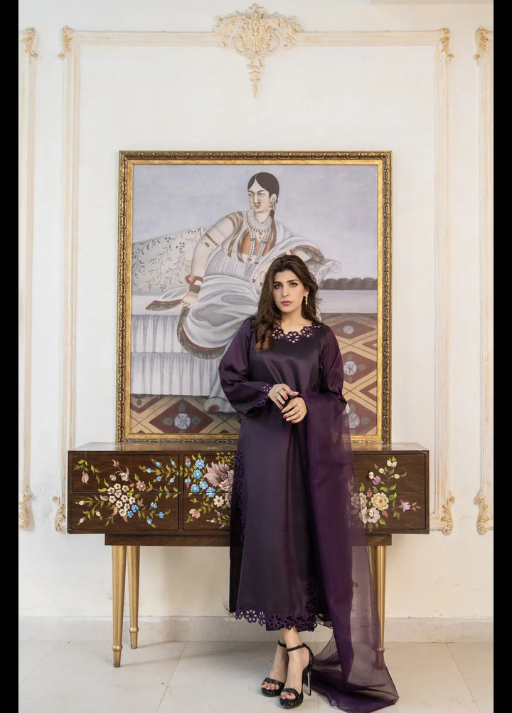 Naaz Couture Pret Embroidered Raw Silk 3 Piece Suit Dark Plum