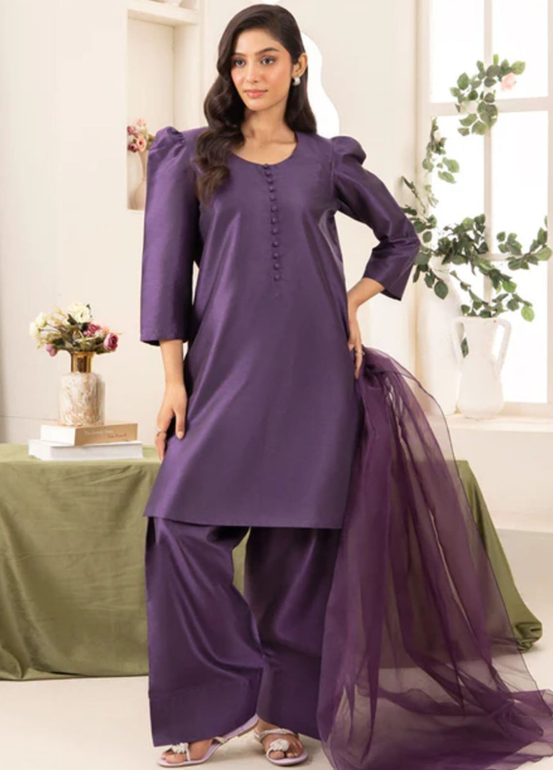 Naaz Couture Pret Embroidered Raw Silk 3 Piece Suit Farshi- Indigo Purple