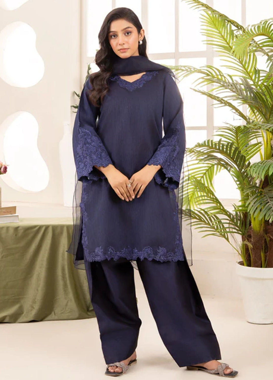 Naaz Couture Pret Embroidered Raw Silk 3 Piece Suit Farshi-Navy Blue