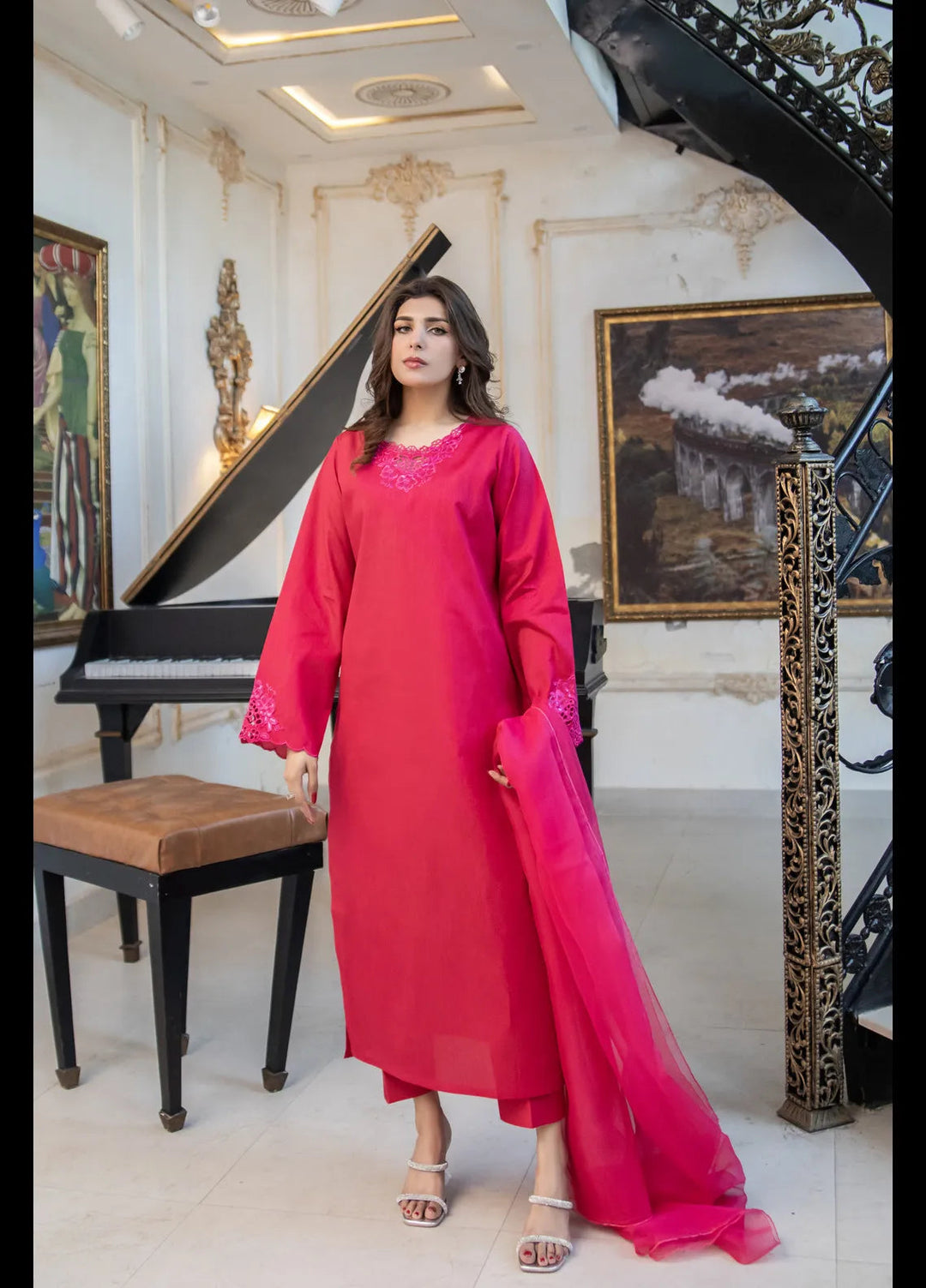 Naaz Couture Pret Embroidered Raw Silk 3 Piece Suit Shocking Pink