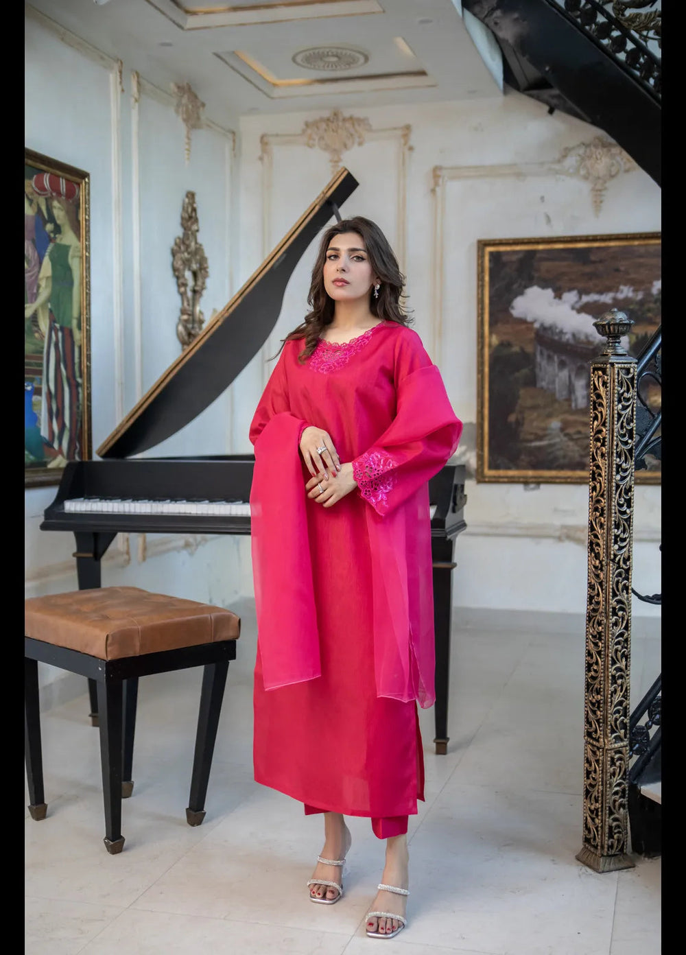 Naaz Couture Pret Embroidered Raw Silk 3 Piece Suit Shocking Pink