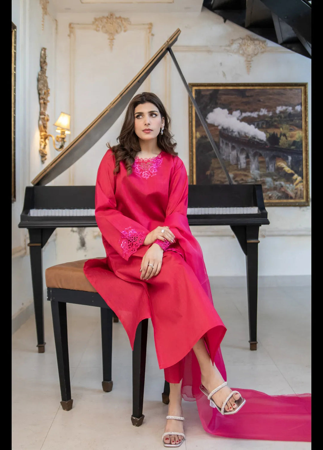 Naaz Couture Pret Embroidered Raw Silk 3 Piece Suit Shocking Pink