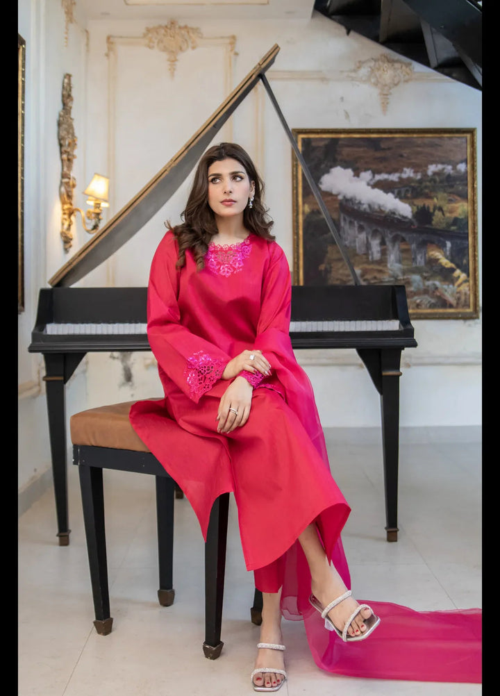 Naaz Couture Pret Embroidered Raw Silk 3 Piece Suit Shocking Pink