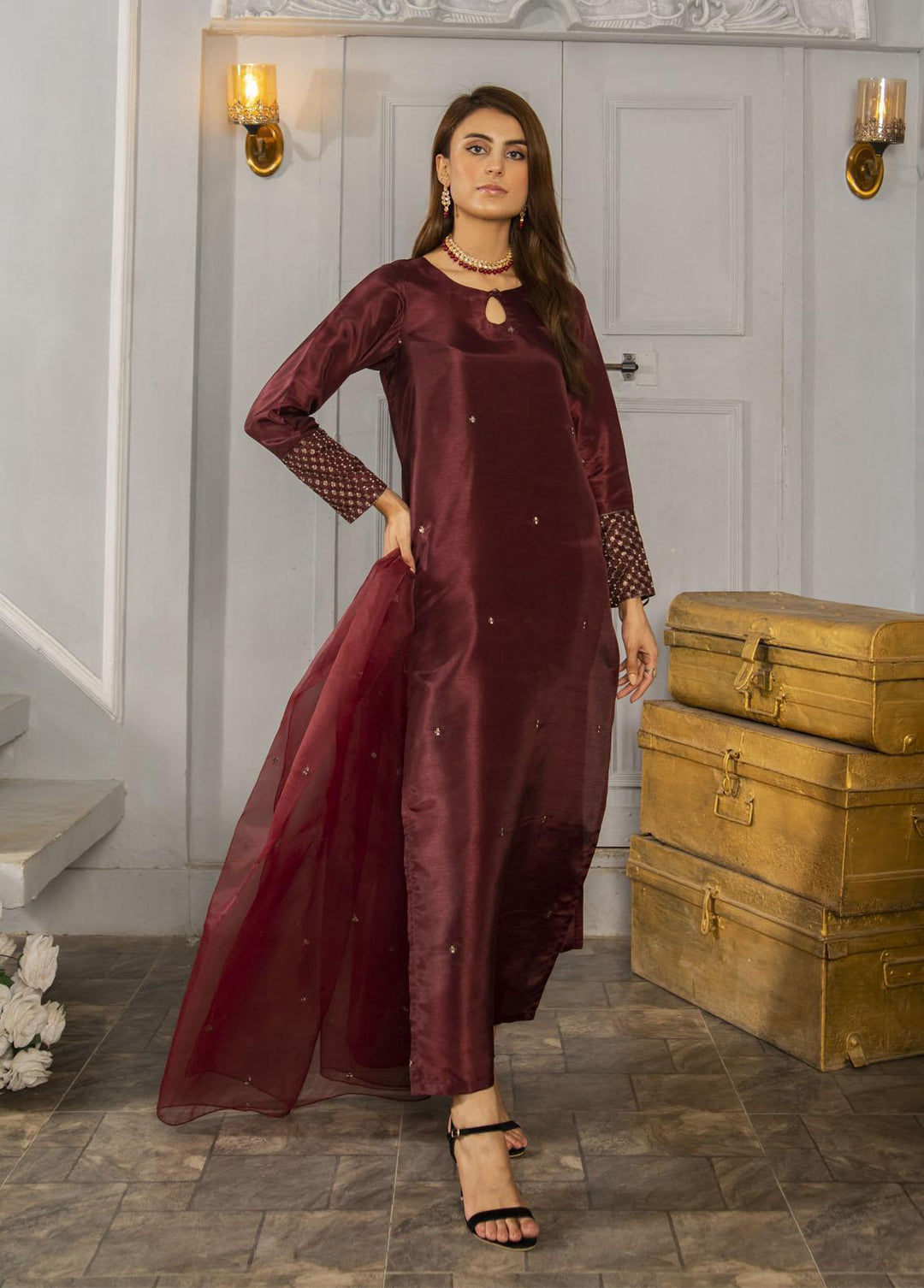 Naaz Couture Pret Embroidered Raw Silk 3 Piece Suit Dark Maroon