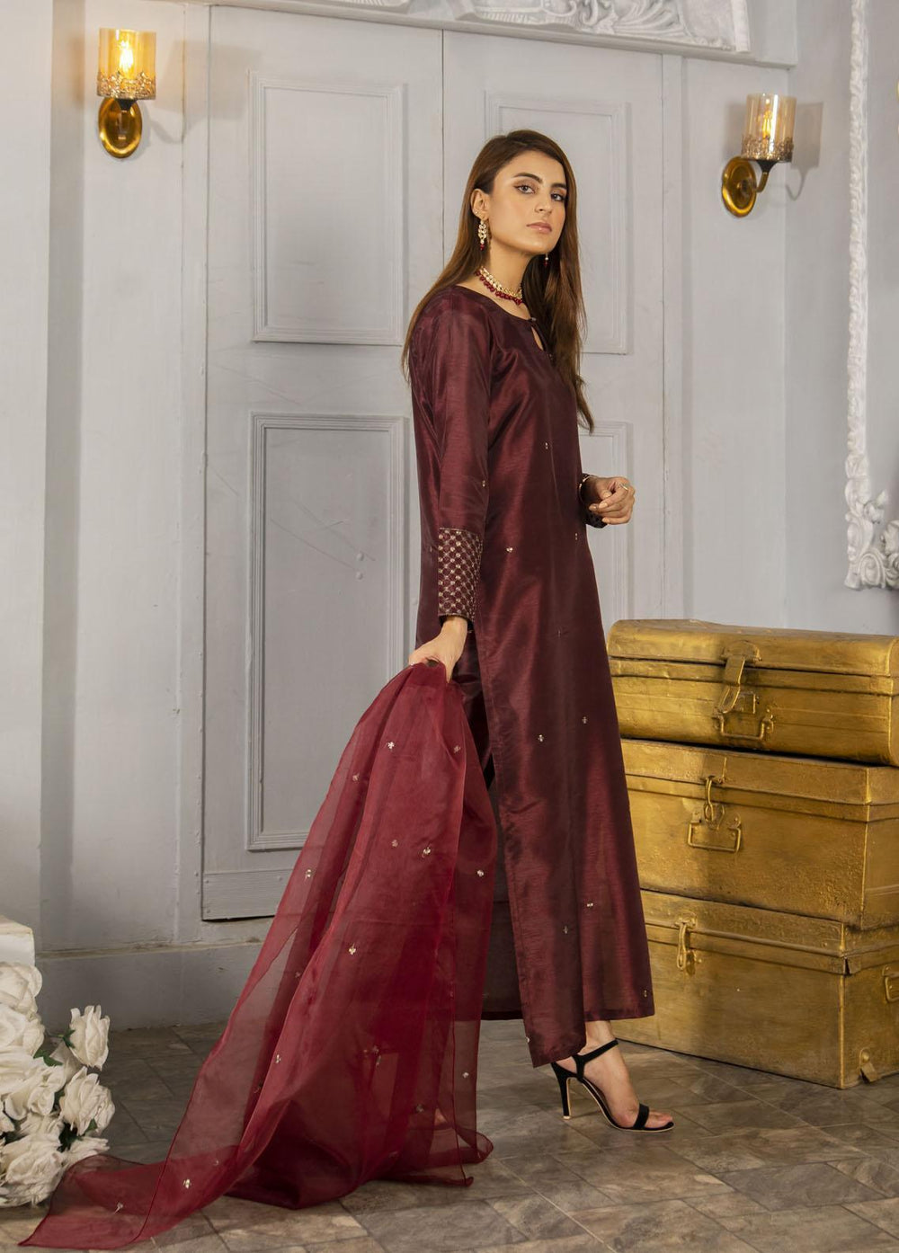 Naaz Couture Pret Embroidered Raw Silk 3 Piece Suit Dark Maroon