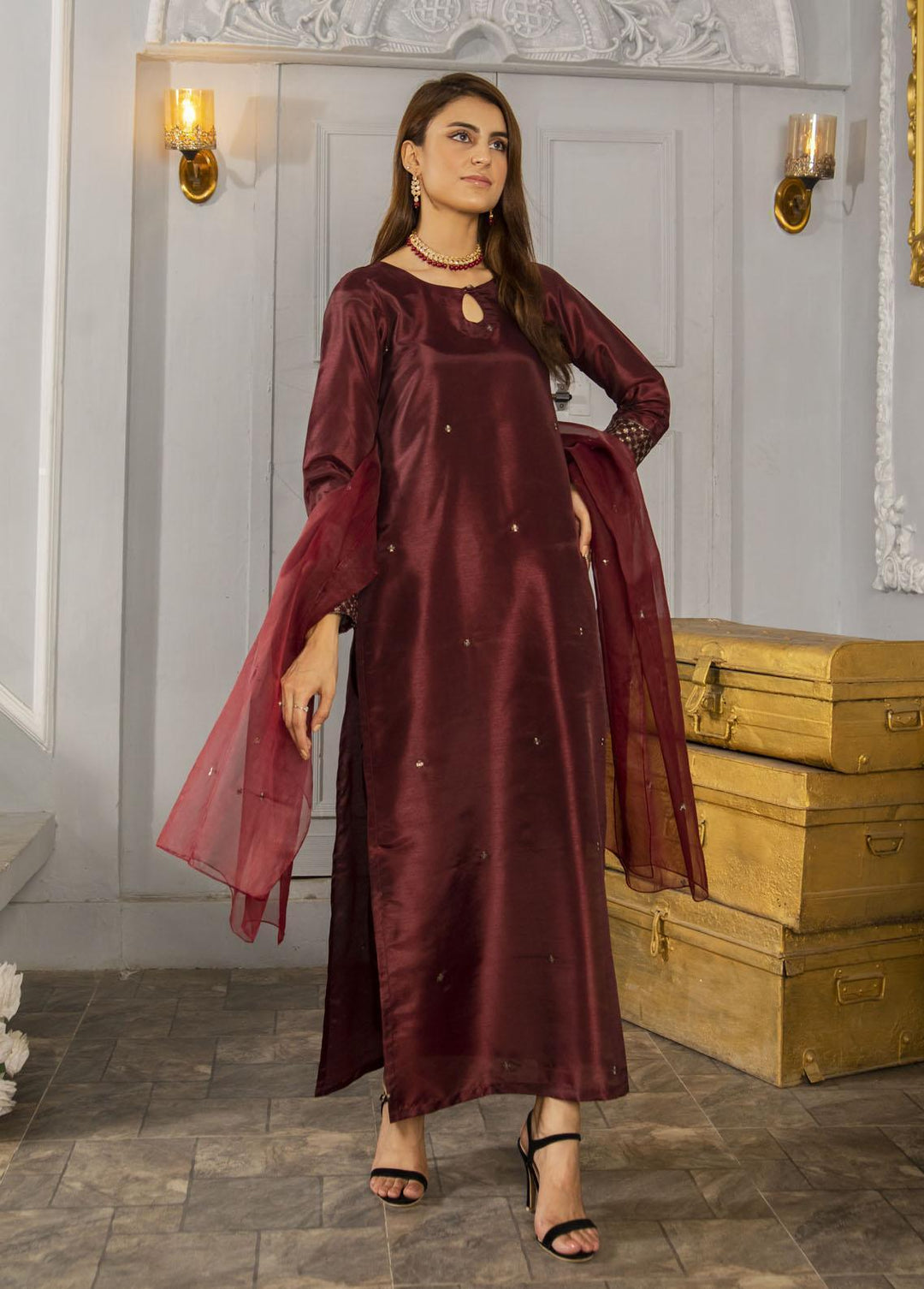 Naaz Couture Pret Embroidered Raw Silk 3 Piece Suit Dark Maroon