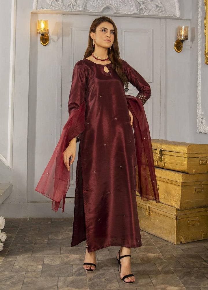 Naaz Couture Pret Embroidered Raw Silk 3 Piece Suit Dark Maroon