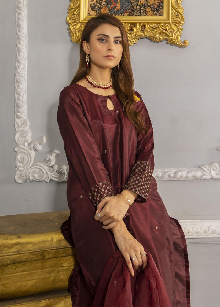 Naaz Couture Pret Embroidered Raw Silk 3 Piece Suit Dark Maroon