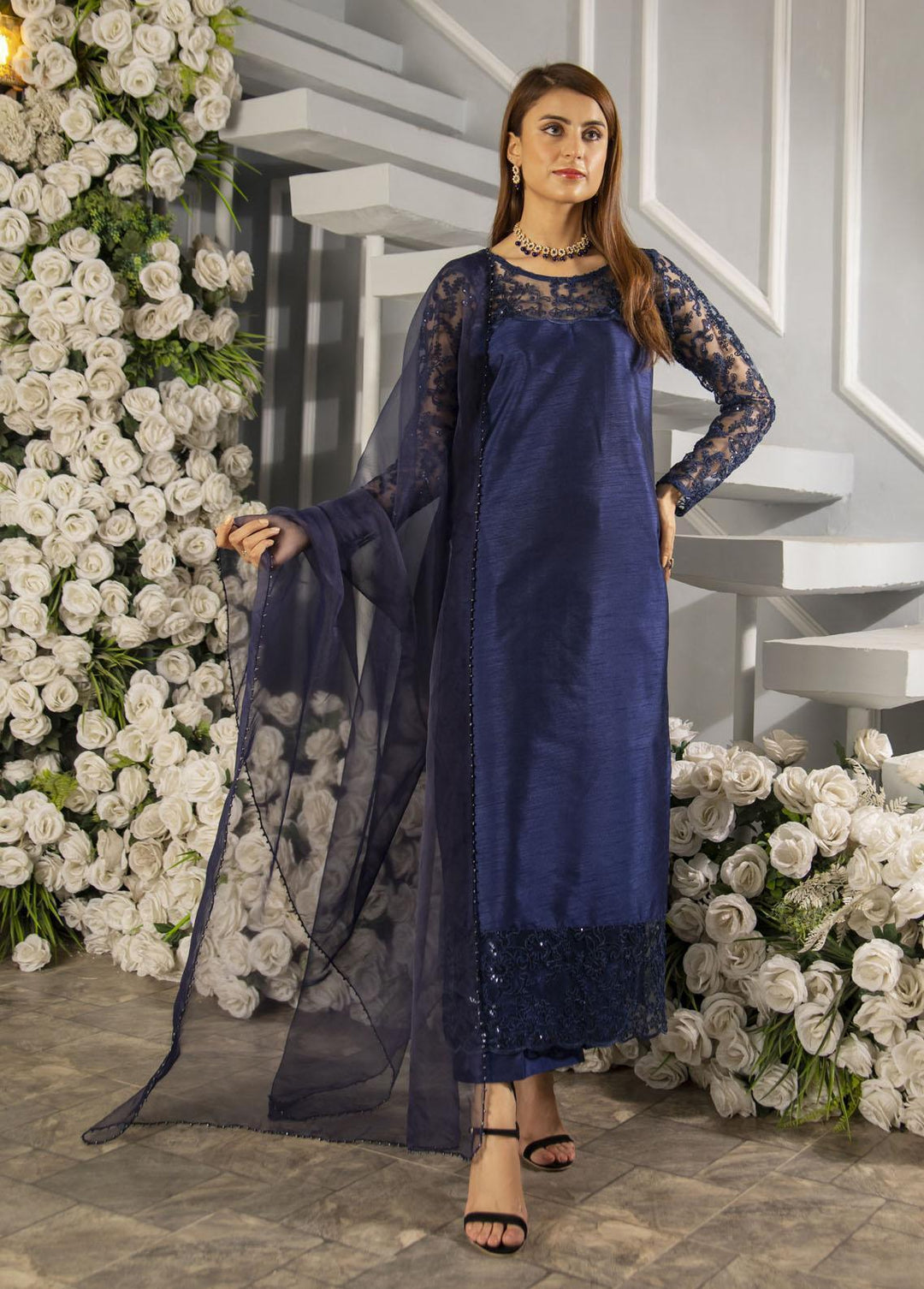 Naaz Couture Pret Embroidered Raw Silk 3 Piece Suit Navy Blue