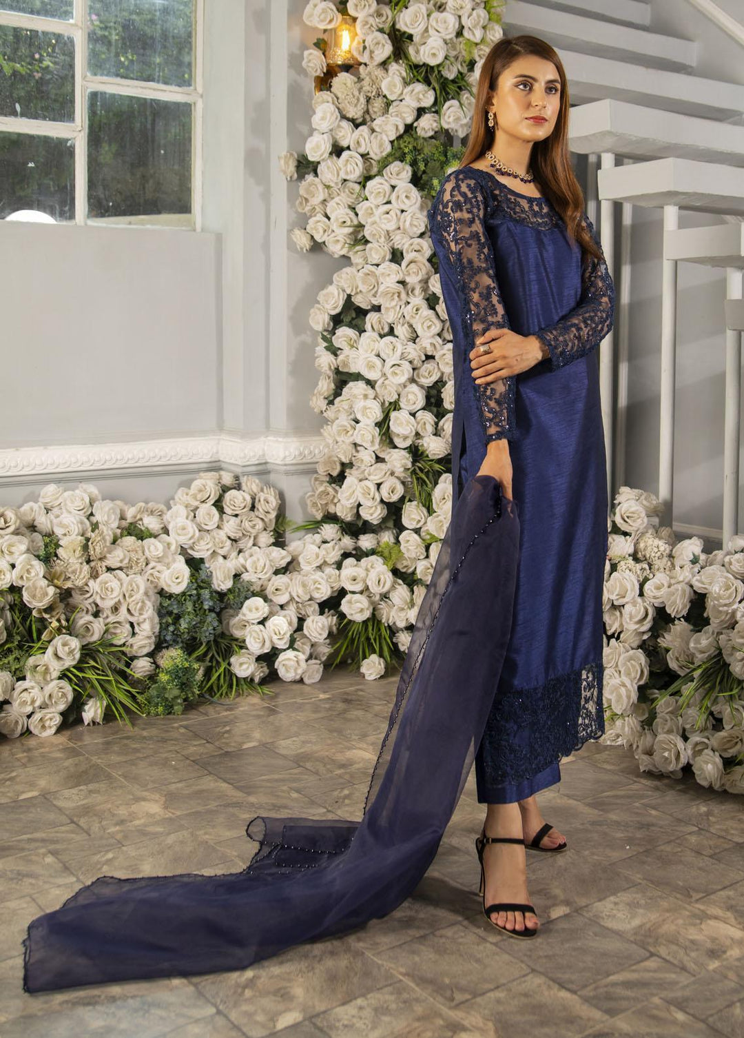 Naaz Couture Pret Embroidered Raw Silk 3 Piece Suit Navy Blue