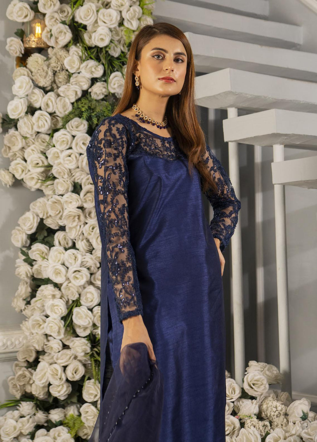 Naaz Couture Pret Embroidered Raw Silk 3 Piece Suit Navy Blue