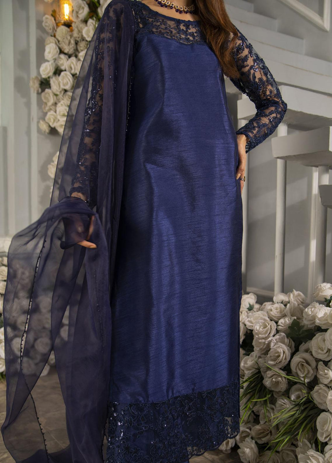 Naaz Couture Pret Embroidered Raw Silk 3 Piece Suit Navy Blue