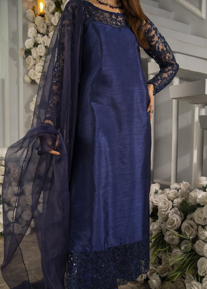 Naaz Couture Pret Embroidered Raw Silk 3 Piece Suit Navy Blue