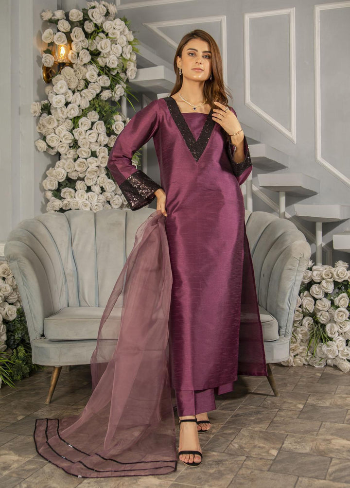 Naaz Couture Pret Embroidered Raw Silk 3 Piece Suit Plum
