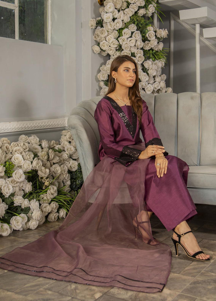 Naaz Couture Pret Embroidered Raw Silk 3 Piece Suit Plum