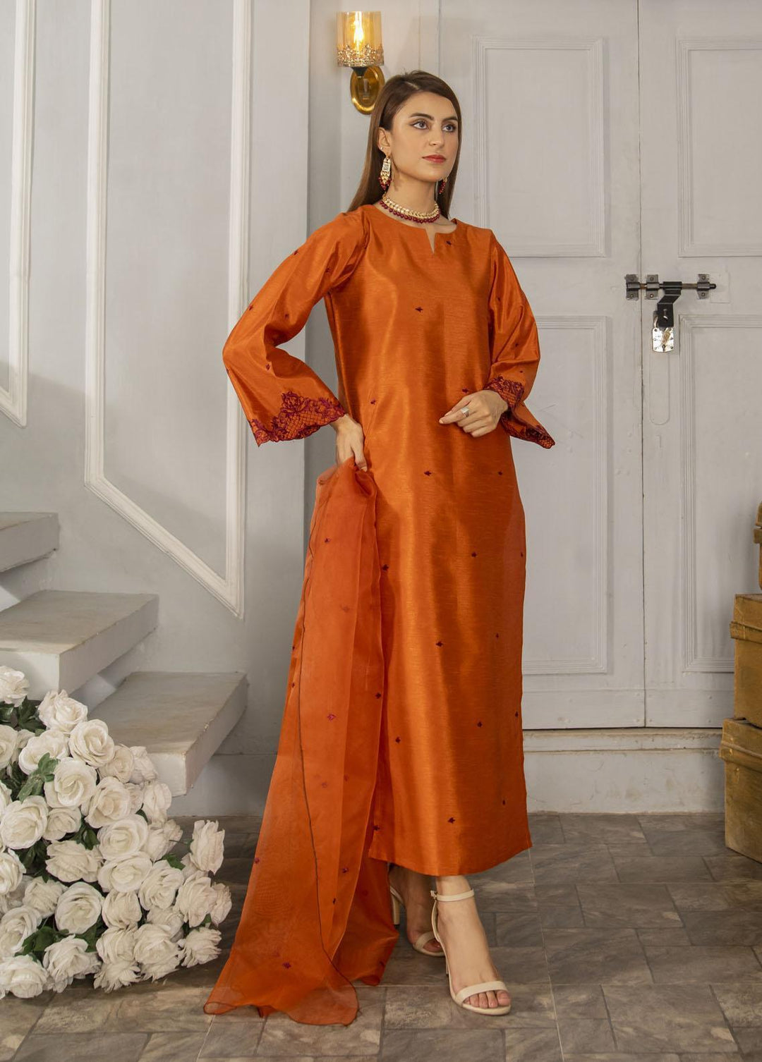 Naaz Couture Pret Embroidered Raw Silk 3 Piece Suit Rust