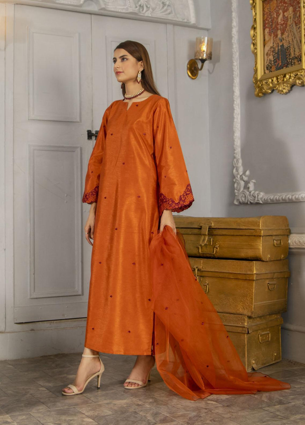Naaz Couture Pret Embroidered Raw Silk 3 Piece Suit Rust