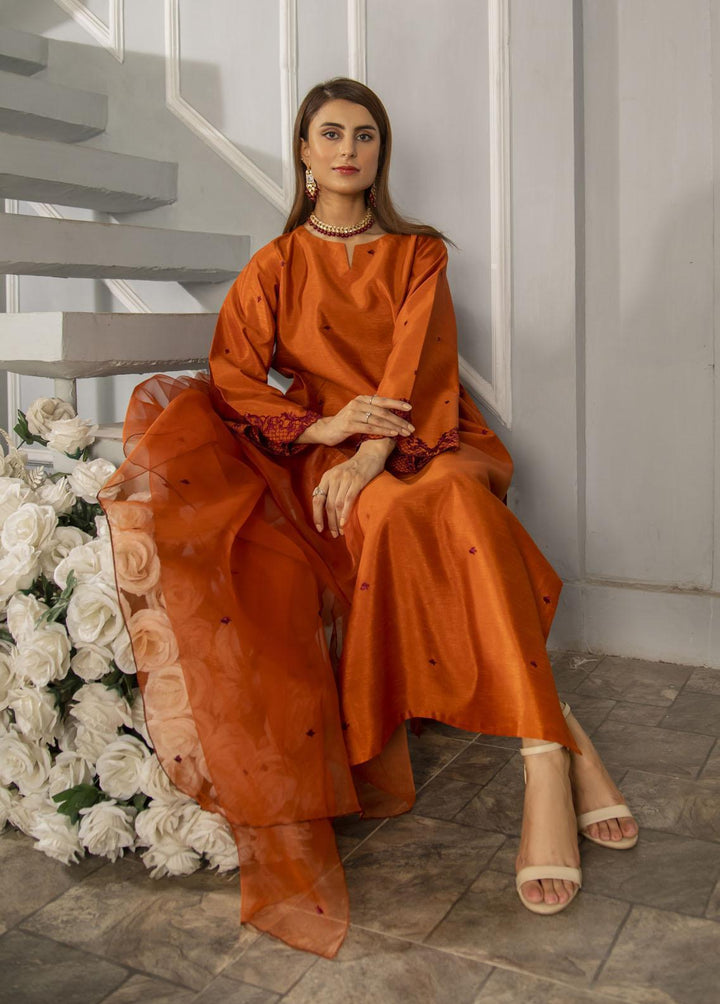 Naaz Couture Pret Embroidered Raw Silk 3 Piece Suit Rust