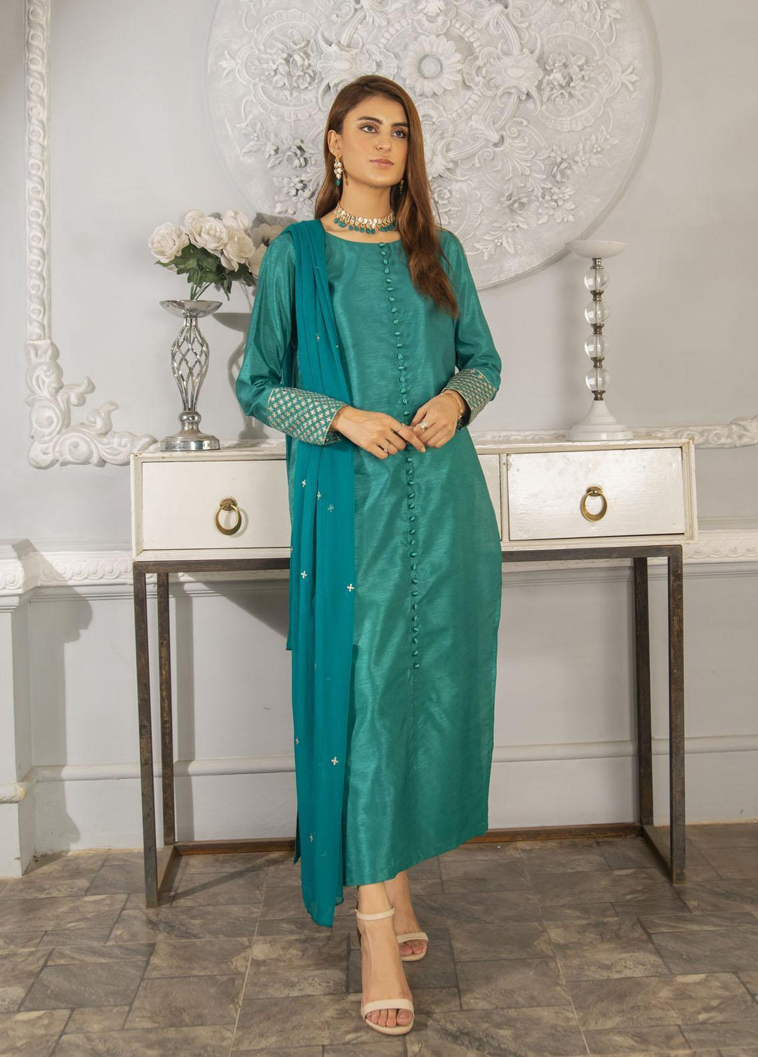 Naaz Couture Pret Embroidered Raw Silk 3 Piece Suit Sea Green