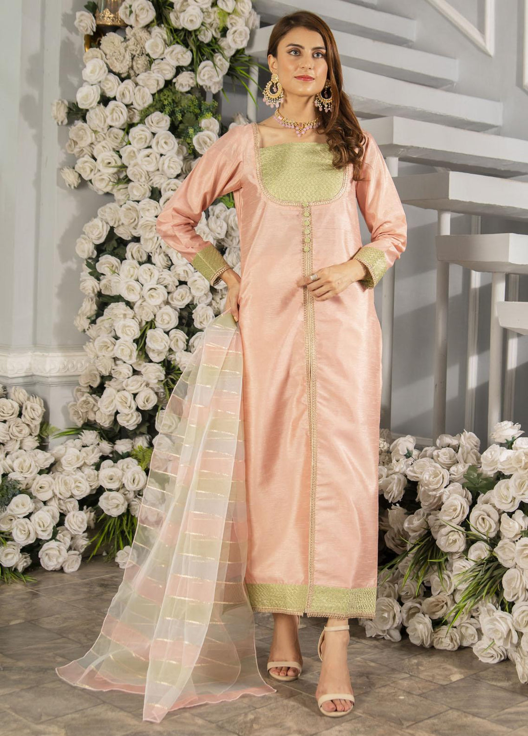 Naaz Couture Pret Embroidered Raw Silk 3 Piece Suit Tea Pink