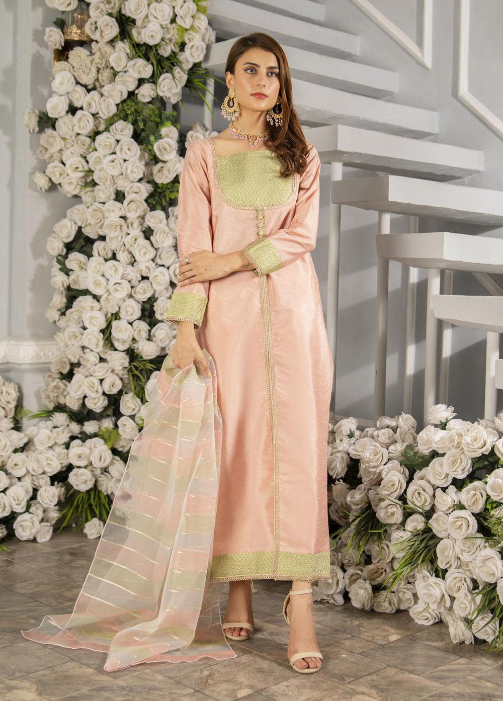 Naaz Couture Pret Embroidered Raw Silk 3 Piece Suit Tea Pink