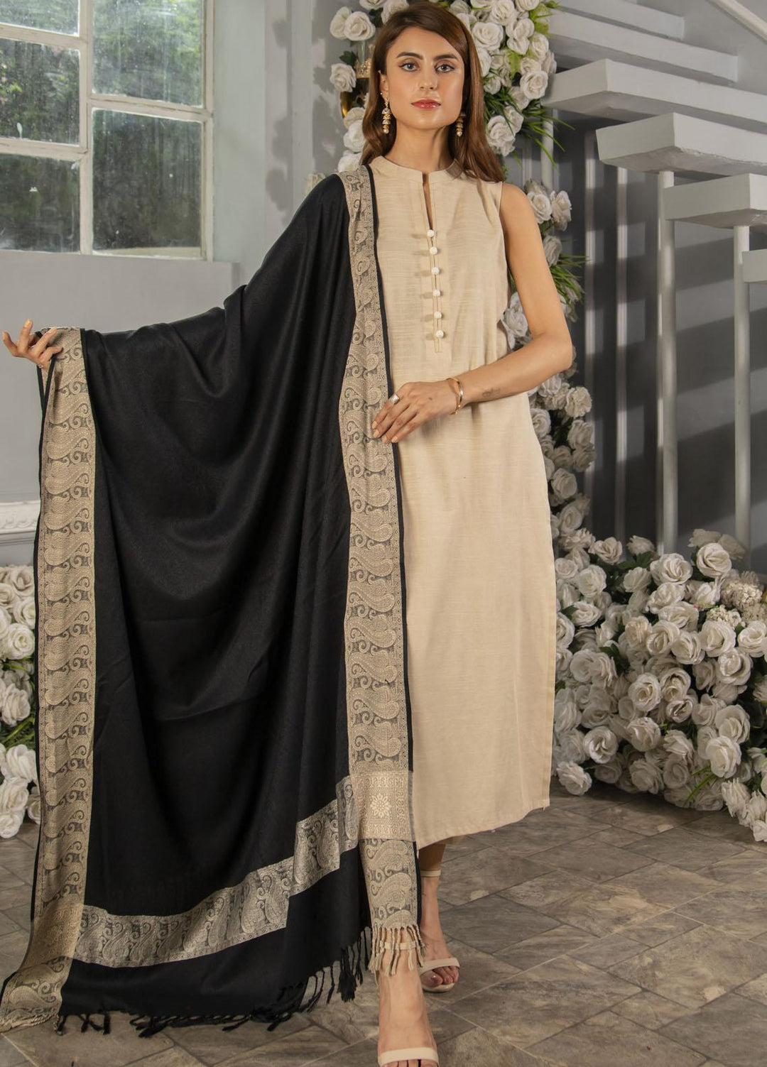 Naaz Couture   Black Jacquard Wool Shawl - Winter Shawls